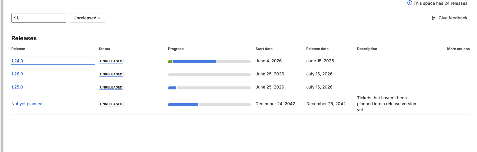 The Jira releases page for the QHA heat-pump app project, listing versions with status, progress and dates