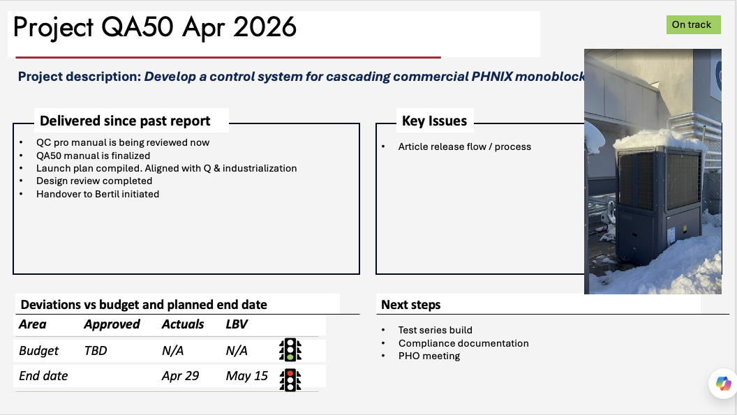 A PM status slide for project QA50 with title, status chip, delivered list, key issues, budget table and next steps