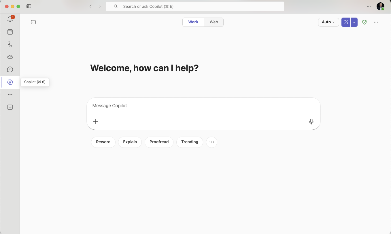 Microsoft 365 Copilot open on the "Welcome, how can I help?" screen, with the Copilot icon highlighted in the left app rail and a "Copilot (⌘6)" tooltip.