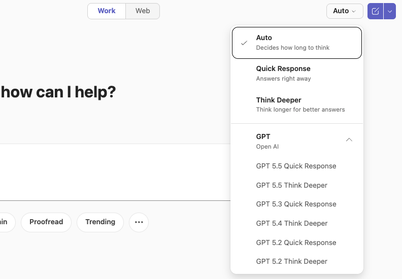 The Copilot model picker open, showing Auto, Quick Response, and Think Deeper options at the top and an expanded GPT (Open AI) group listing GPT 5.5 and earlier versions.